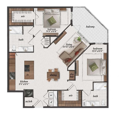 Floor plan for 2 beds, 2 baths, 1238 sqft